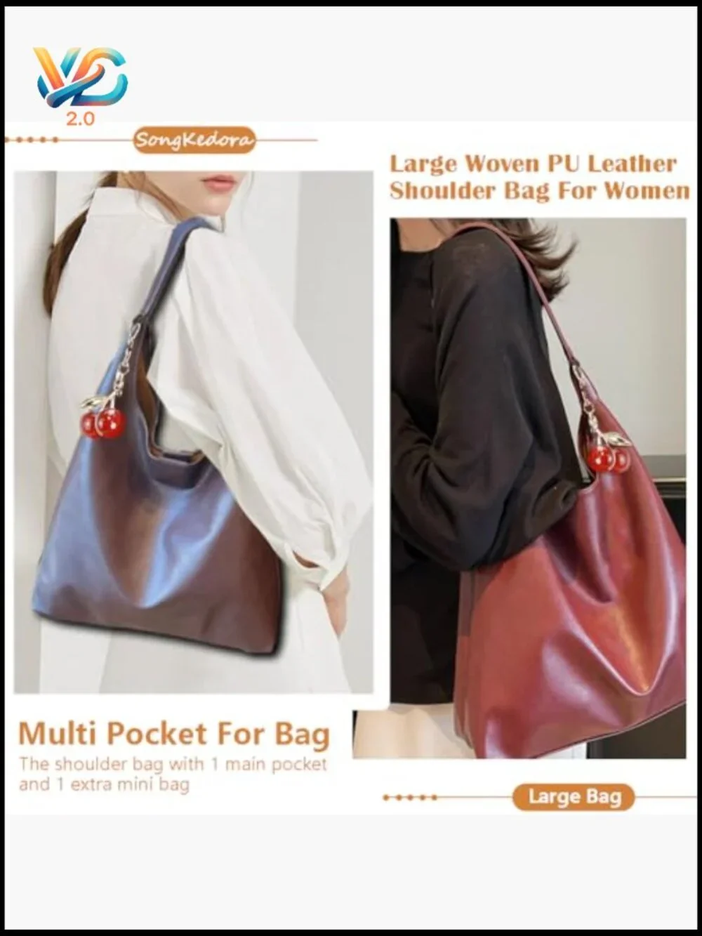 Large Vegan Leather Hobo Bag Shoulder Purse Crossbody Slouchy Tote Handbag